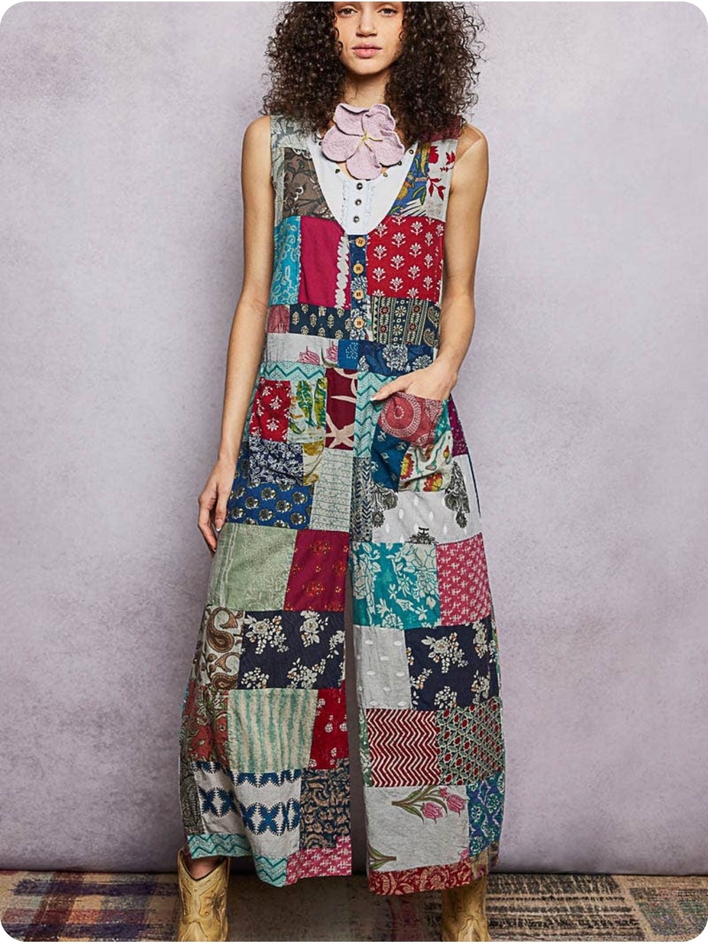 New: POL Boho Mixed Patchwork Lightweight Cropped Wide Leg Jumpsuit• Medium